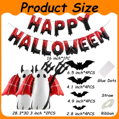 Red Halloween Balloons Banner Set with Bat and Ghost Stickers - Indoor Outdoor Party Decorations