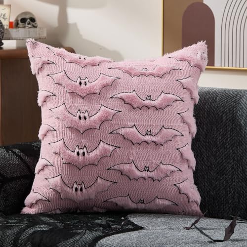 Halloween Pillow Covers 18x18 Inch Set of 2 Pink Bat with Black Eyes Faux Fur Plush Throw Pillow Cases for Sofa Bed Couch Home Decor Variation of THIS listing