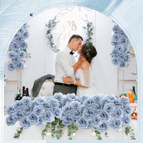 Artificial Blue Roses Bouquet - 100 Pcs Long Stem Silk Flowers for Wedding & Party Decor - Dusty Blue