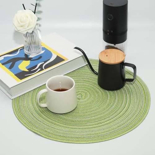 Green 15 Inch Round Braided Placemats Set of 4 - Durable Polyester & Cotton