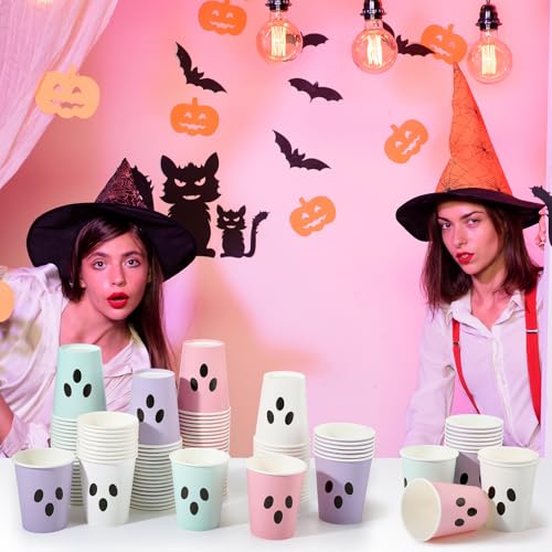 Pastel Halloween Ghost Face Paper Cups - 100 Disposable Party Drinkware with Variation Ghost Face