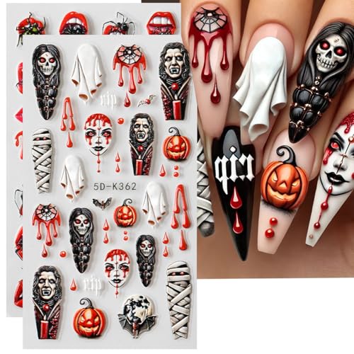 Halloween Nail Art Stickers 5D Embossed Horror Design - Colorful, 2 Sheets