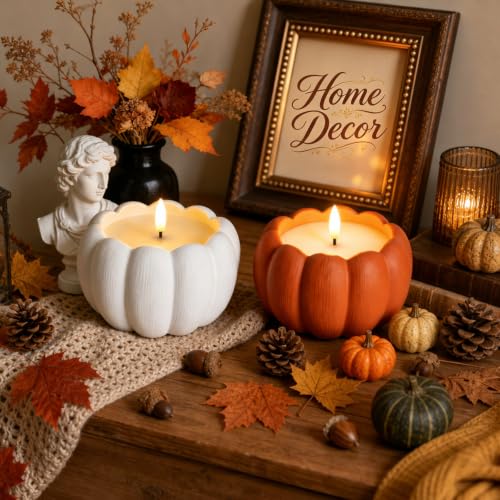 Terracotta Flameless Pumpkin Candle - Plaster Orange Fall Decor 2Pc