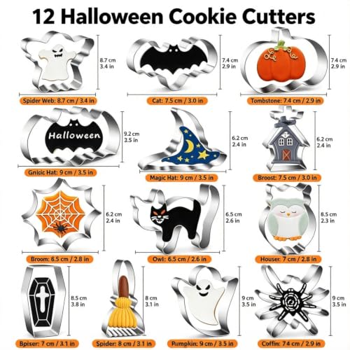 12-Piece Halloween Cookie Cutter Set Stainless Steel Shapes for Baking & Crafts
