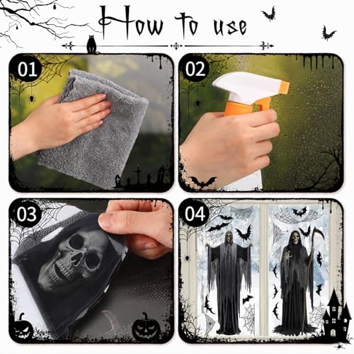 Halloween Skeleton Window Clings - Extra Large Ghost & Bat Decor, 3 Sheets