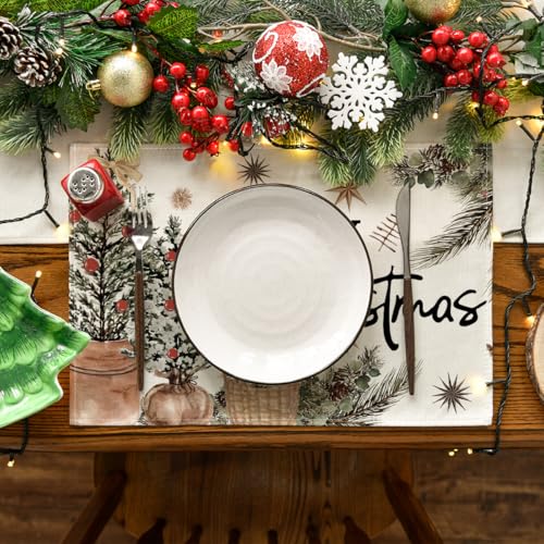 Christmas Placemats Set of 8 - 12x18 Inch Holiday Table Decor, Beige