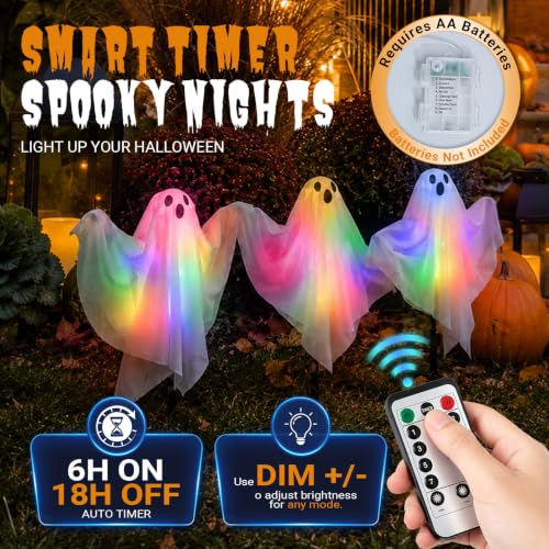 3 Pack Halloween Ghost Stake Pathway Lights Colorful Glowing Ghost Decor - Remote & Timer