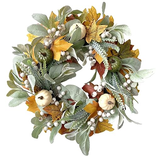 Fall Wreath Full Handcrafted Autumn Front Door Wreath with Pumpkins Maple Leaves Berries Green Leaf - Fall Decor