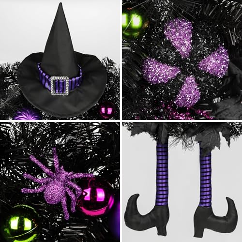 Halloween Wreath for Front Door 26 Inch - Black & Purple Witch Decor with Hat, Legs & Pumpkin