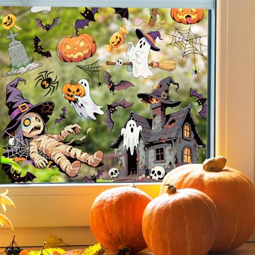 Halloween Window Clings Decals Set - 9 Sheets with Ghosts Pumpkins Bats