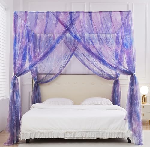Twin Purple Ombre Tie Dye Canopy Bed Curtains with Lights for Girls Room Decor