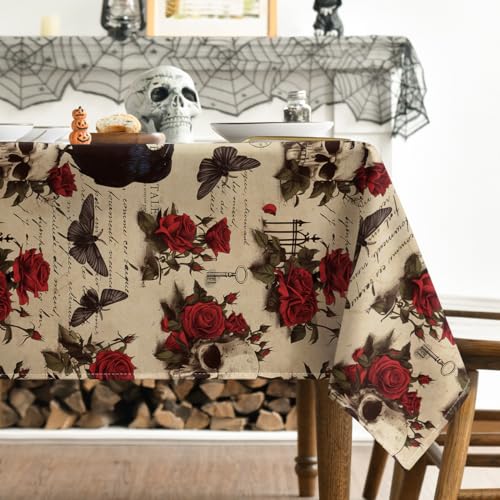 Horaldaily Halloween Tablecloth 60 x 120 Inch Rectangular Crow Skeleton Black Beige