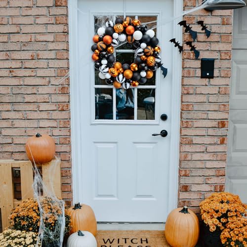 Halloween Wreath for Front Door - 18-Inch Artificial Ball Wreath Halloween Decor - Black, Gold, White Balls