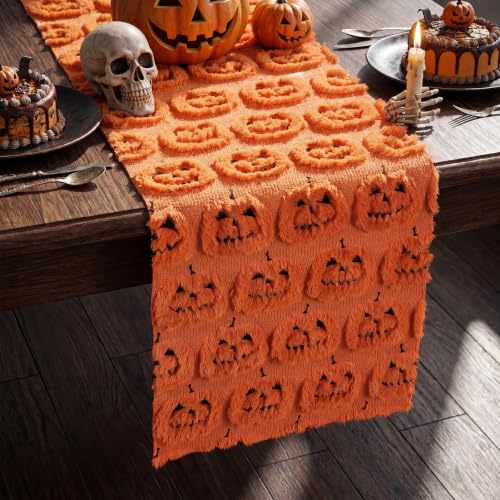 Halloween Pumpkin Table Runner 13x72 Plush Faux Fur Jacquard Decor