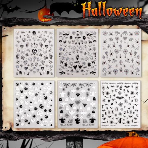 Halloween Nail Stickers Set - 6 Sheets Holographic Gothic Ghost Skull Spider Web Decor for DIY Manicure - Black & White
