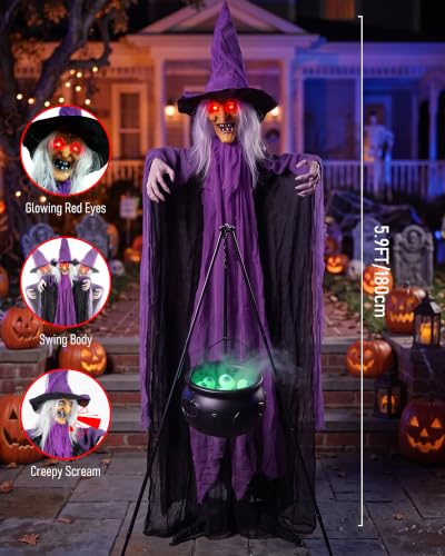 Life Size Halloween Animatronic Witch with Cauldron & Lights - Sound Activated, Spooky Yard Decor