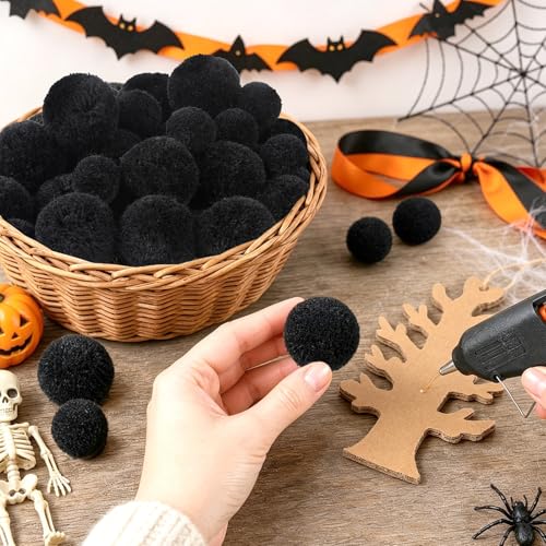Black Yarn Pom Poms Set - Large & Small DIY Craft Decor, 60 Pieces