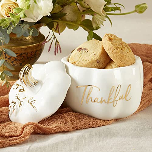 White Ceramic Pumpkin Bowl with Lid - Fall Thanksgiving Decor & Candy Dish