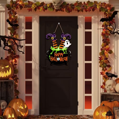 Halloween Witch Door Sign with Legs and Cauldron - Festive Wall Hanging Decor