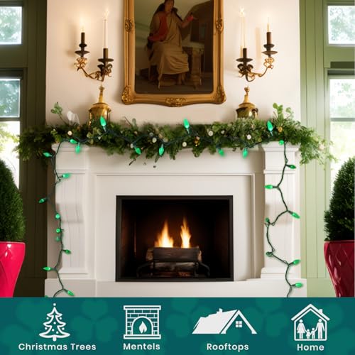 Green C6 LED Christmas Lights Outdoor - Festia 70 Bulb String, Waterproof & Connectable - St. Patrick's Day Decoration