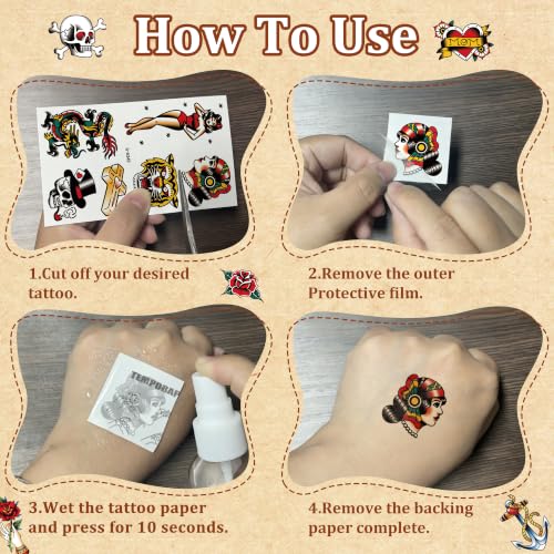 Temporary Tattoos Set 96PCS American Traditional Retro Style Adults - Retro Heart Variation