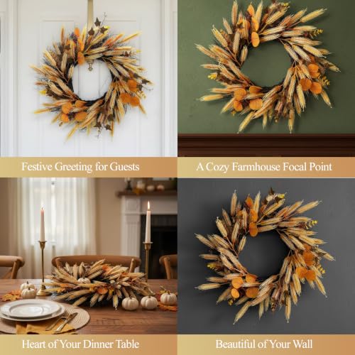 22-Inch Fall Wreath for Front Door with Wheat & Silk Leaves, Rustic Autumn Decor