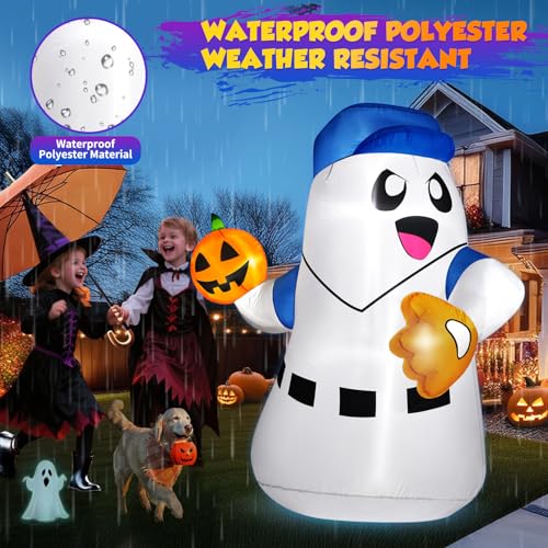 5FT Halloween Inflatable Ghost Pitcher with Pumpkin Baseball Outdoor Decor LED Lights