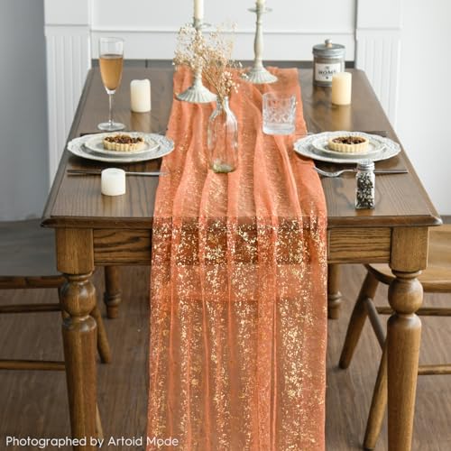 Orange Gold Gauze Table Runner 59x120 Inch Glitter Metallic Sheer Wedding Dinner Decor