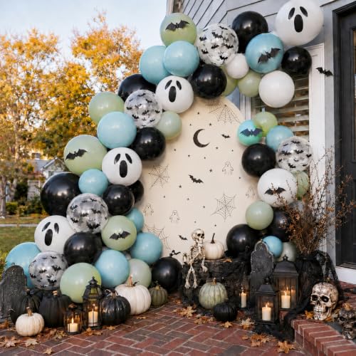 Halloween Latex Balloons Set - Black Blue Green Ghost Bat Prints, 35 Pack with Bat Stickers