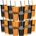 Halloween Plastic Cups with Lids and Straws - 24 oz Reusable Party Tumblers Set