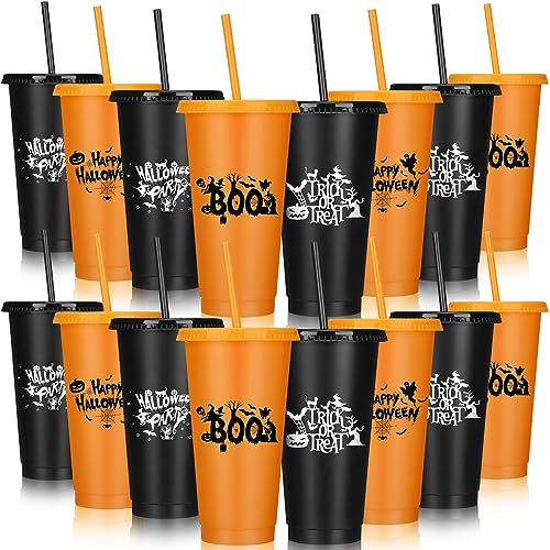 Halloween Plastic Cups with Lids and Straws - 24 oz Reusable Party Tumblers Set