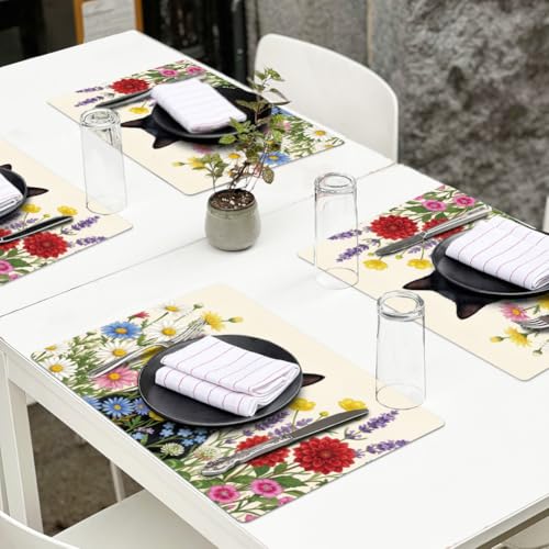 Faux Leather Cat & Flowers Placemats Set of 4 - Spring Inspired Table Decor