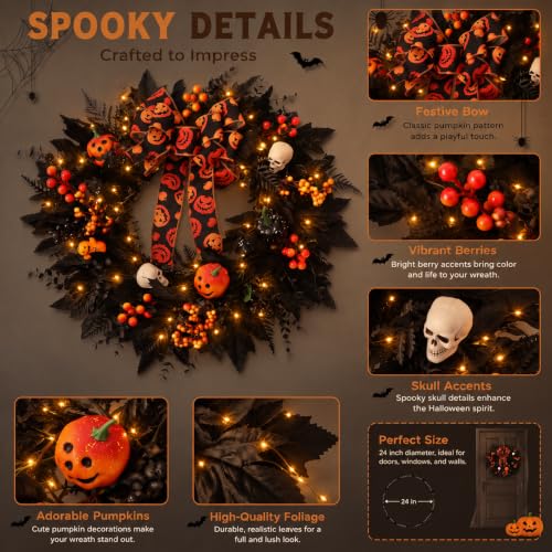Halloween Wreath for Front Door with Pumpkin Bow - Black Skeleton Spider Web Decor