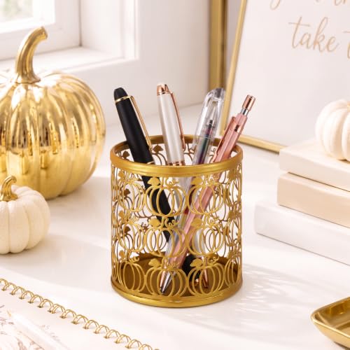 Golden Pumpkin Metal Pen & Makeup Brush Holder - Fall Desk Organizer