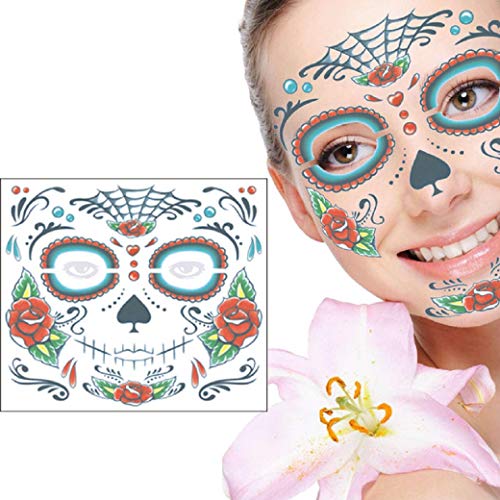 Day of the Dead Sugar Skull Face Temporary Tattoos - Halloween Makeup Stickers, 4 Sheets
