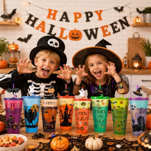 16 Pack Color Changing Halloween Plastic Cups with Lids & Straws - 24 oz Reusable Party Tumblers