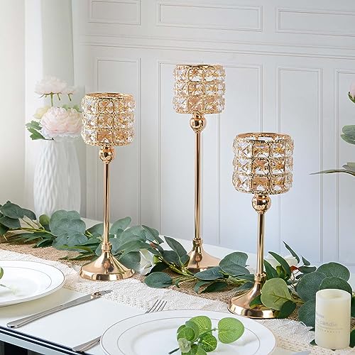Gold Crystal Candle Holder Set of 3 Wedding Table Centerpieces - Elegant Tealight Holders