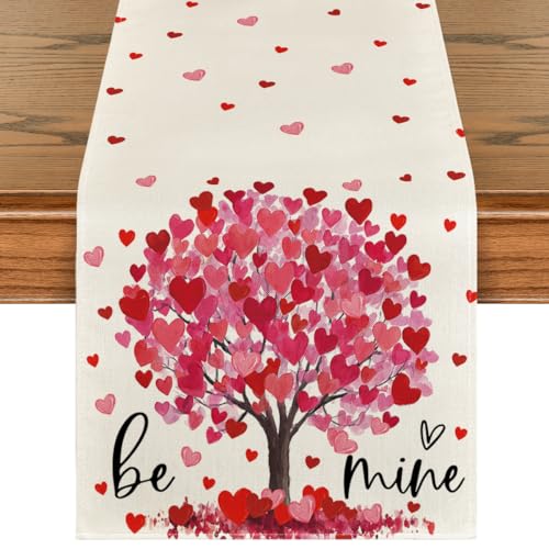 Heart Tree Valentine's Table Runner 13x72 Inch Beige-Red Home Decor