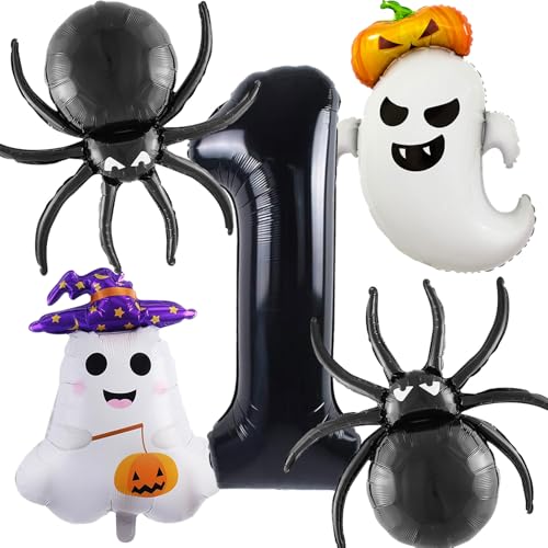 Halloween Balloons Set - 5 Pcs Ghost, Spider, Pumpkin & Number 1 Decorations - Black & Purple Theme