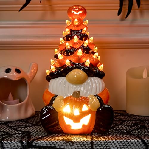 Halloween Pumpkin Gnome Ceramic Tree with Built-in LEDs - 8.5 Inch Tabletop Decor