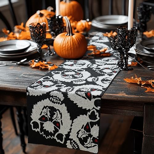 Halloween Beaded Table Runner - Black White Werewolves, 13x36 - Handmade Decor
