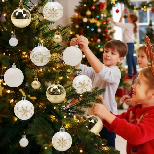 Christmas Ball Ornaments Set - Gold & White 44 pcs Holiday Tree & Wreath Decorations
