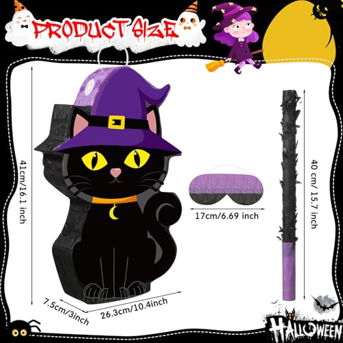 Halloween Cat Piñata with Bat Stick and Blindfold - Party Game Decor