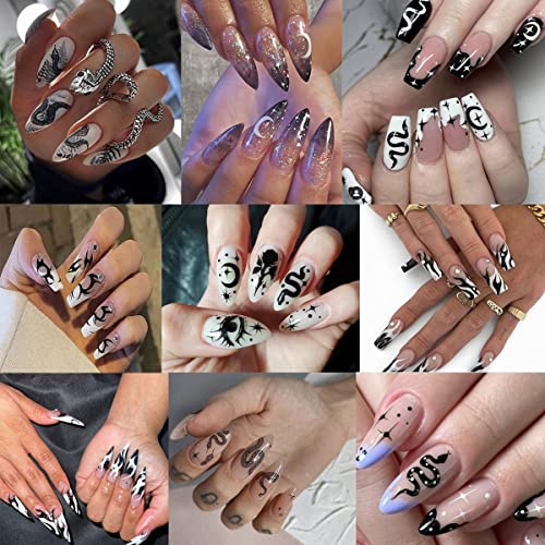 Gothic Nail Art Stickers Decals - Black & White Star Moon Flower Snake Design - Eye-2