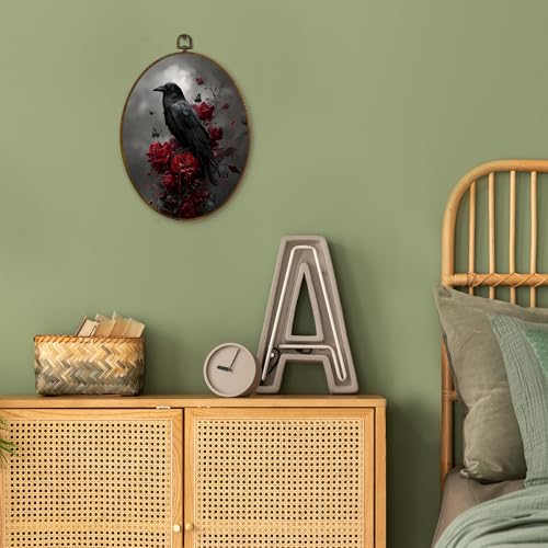 Oval Framed Gothic Black Crow Raven Wall Art - 11.3 x 8.7 Inches, Dark Academia Decor