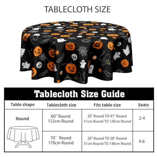 Halloween Round Tablecloth 60 Inch - Fall Pumpkin Ghost Spiderweb Design - Black & Orange