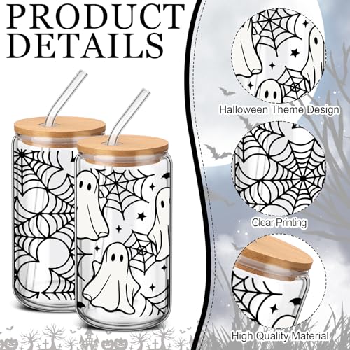 Halloween White Black Glass Cups with Lid & Straw - 4 Pcs 16 oz Ghost Skeleton Spiderweb Design