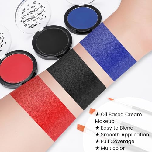 Face Paint Kit for Halloween Makeup - Oil-Based, Vivid Colors, Includes 3 Brushes - Red Black Blue Variation
