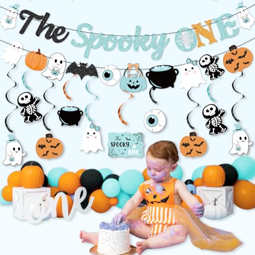 Halloween Birthday Banner & Hanging Decorations Kit - Ghost, Pumpkin, Bat Streamers, Blue Theme