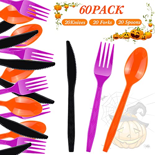 60-Piece Halloween Plastic Cutlery Set - Disposable Forks Spoons Knives for Parties